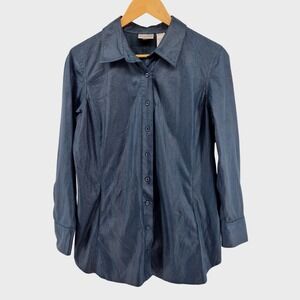 Chicos 1 Textured Snake Print Button Down Shirt Dark Blue Size 8 Careercore Work